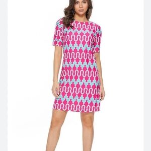 Axyeh Retro Pink & Turquoise Geometric M Shift Dress